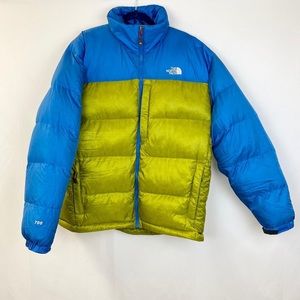 North face bright green and blue puffer jacket